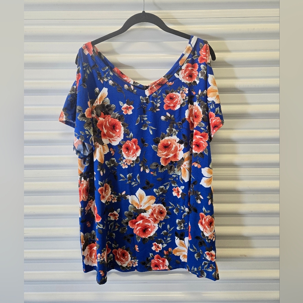 NWOT Vibrant Floral Women's Cold Shoulder Blouse in Blue